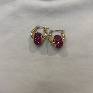 Gold Hoop Earrings with Fuchsia Glitter Beads